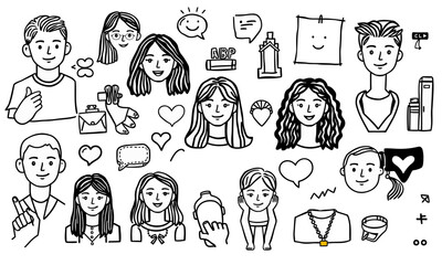 Doodles of diverse people expressing emotions, creativity, and connection through various illustrations. This collection showcases range of characters and symbols, perfect for social media or