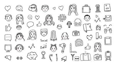 collection of doodles featuring various social media icons, expressions, and characters, showcasing fun and engaging digital atmosphere. Perfect for influencers and online content creators