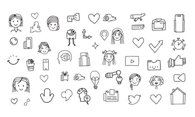 collection of doodles featuring various icons related to social media, technology, and creativity, expressing playful and modern vibe