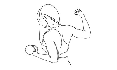 continuous line art of woman holding a dumbbell vector illustration