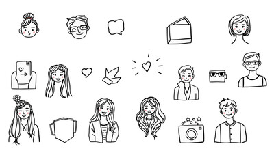 collection of doodle style illustrations featuring diverse characters, speech bubbles, and symbols of love and creativity, perfect for social media and influencer content