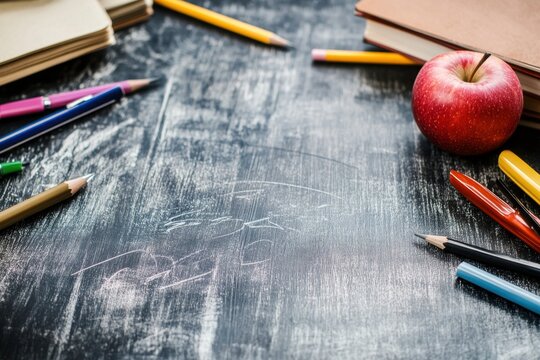 apple and colorful pencils on the wooden table
