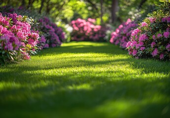 Obraz premium Vibrant Pathway Surrounded by Lush Green Grass and Colorful Pink Azaleas in a Scenic Garden During Springtime