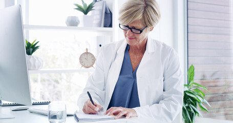 Woman, doctor and writing with script for medical prescription, diagnosis or research at hospital....