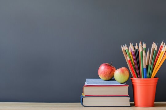 colored pencils with books and apple