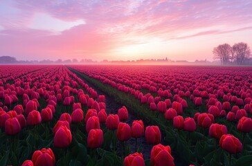 Vibrant Pink Tulip Field at Sunrise with Colorful Skies in Spring, Nature's Beauty in Full Bloom Captured in a Peaceful Landscape Scene