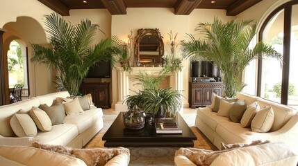 A neutral-toned living room enhanced with green plants for a calming ambiance.