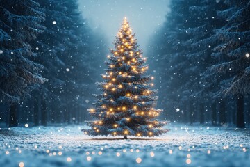 Snowy winter forest with a beautifully decorated Christmas tree lit up at night