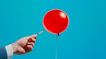 Red balloon bursting with confetti against a blue sky, hand in a suit holding a pin

