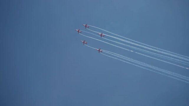 Surya Kiran Aerobatic team performing in the sky during Aero India, showcasing aerial stunts
