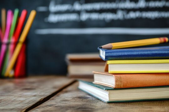 books and writing on blackboard
