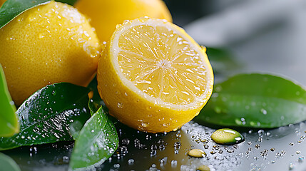 Fresh lemons with raindrops kitchen counter food photography bright environment close-up citrus refreshment