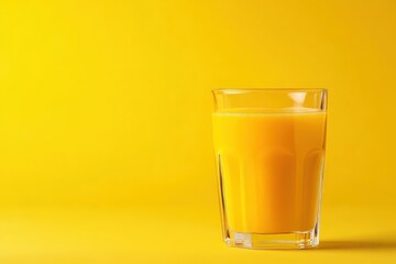 A full glass of orange liquid on a yellow surface
