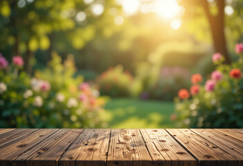 Empty Wooden Tabletop Over Blurred Sunlit Garden with Soft Bokeh