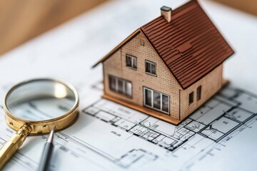 mini house with pen and blueprint