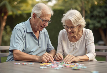 Portrait of senior couple playing jigsaw puzzle game  together