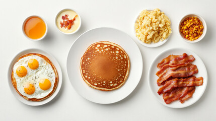 Delicious breakfast spread featuring pancakes, eggs, bacon, and syrup. Enjoy hearty meal with fluffy pancakes, crispy bacon, and sunny side up eggs for perfect start to day