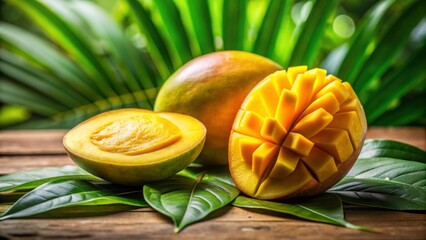 Fresh and Juicy Mango Slices on Wooden Table with Tropical Leaves