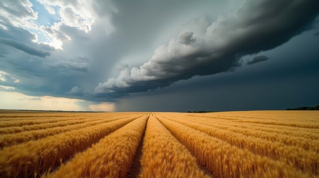 A golden wheat field swaying under a dramatic stormy sky, dark clouds rolling ominously over the horizon as the last rays of sunlight cast a warm glow on the rippling crops.