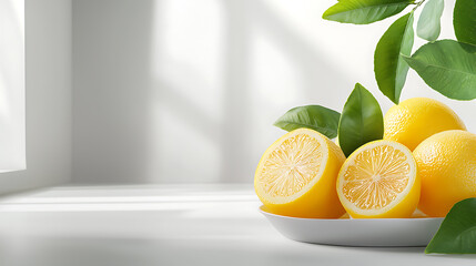 Fresh lemons displayed on a white plate bright kitchen setting culinary still life natural lighting vibrant colors