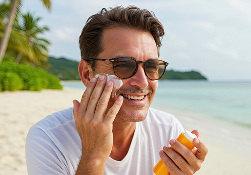 Smiling man applying sunscreen on tropical beach vacation