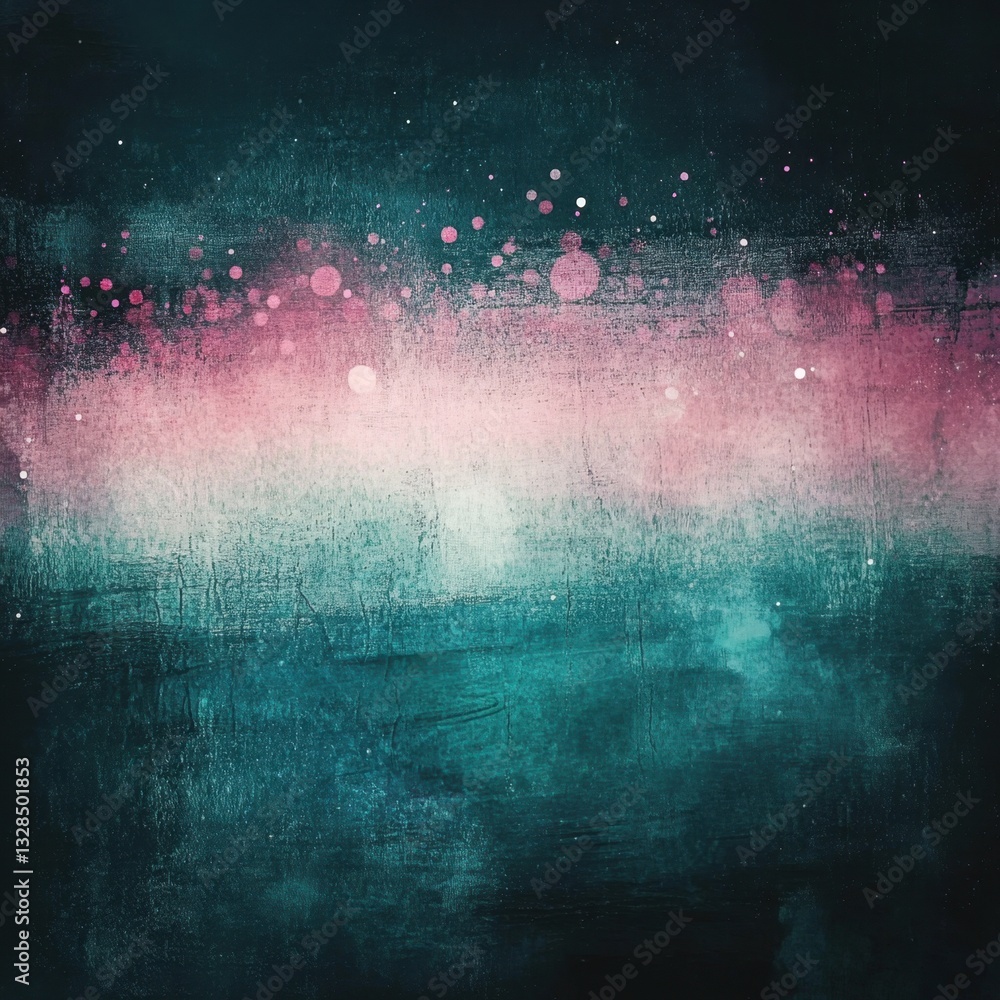 Poster abstract grungy teal and pink background with bokeh lights and dark gradient.