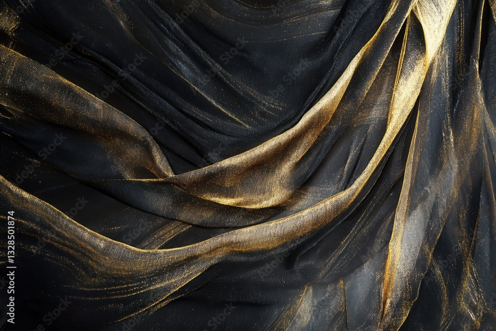 Poster elegant black and gold sheer fabric draping background texture.