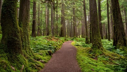 Fototapeta premium tranquil pathway through dense forest featuring lush green moss and tall trees