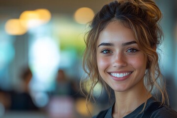 Fototapeta premium Young woman with cheerful smile enjoys friendly atmosphere in busy cafe