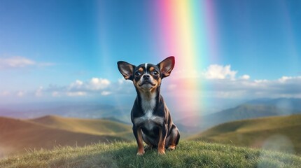 Charming Chihuahua dog sitting proudly under a rainbow in a scenic landscape