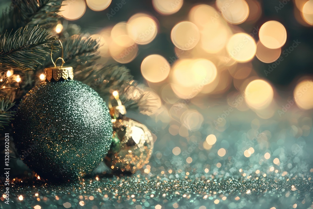 Poster elegant design features green sparkling bokeh and softly glowing particles.