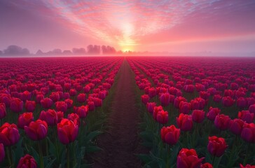 Fototapeta premium Vibrant Red Tulip Field at Sunrise with Soft Mist and Colorful Sky Over Expansive Landscape in Early Morning Light