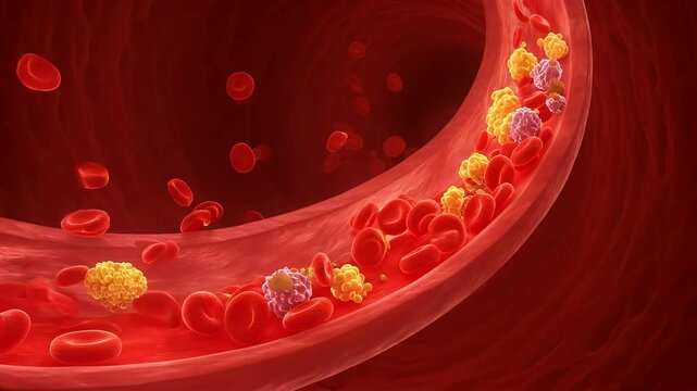 Bloodstream with Red Blood Cells and Cholesterol Plaques Flowing Inside