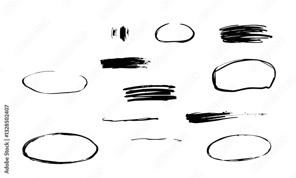 Poster hand drawn brush strokes and shapes in black, perfect for design projects. these versatile elements 