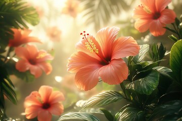 Hibiscus flowers with bright orange petals fill the scene, surrounded by lush green foliage