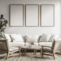 Minimalist living room with white sofa, wooden chairs, and three blank frames.