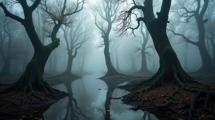 Obraz premium A mystical fog-covered swamp with twisted ancient trees, their gnarled roots submerged in still waters, evoking a sense of mystery and eerie calm.