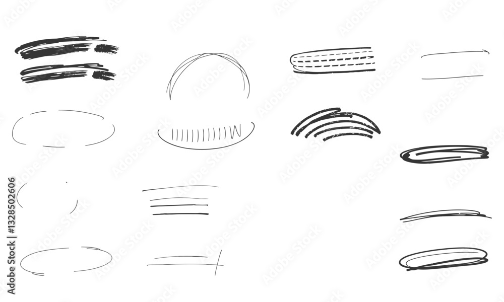 Poster hand drawn brush stroke vector elements in various shapes and styles, perfect for creative projects 