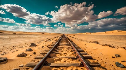 A Lone Railway Track Stretching Into A Vast, Sun-drenched Desert Under A Dramatic, Cloudy Sky With Vibrant Blues And Golden Sands