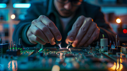 Electrical Engineer Working on a Circuit Board in a High Tech Lab

