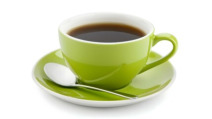 green coffee cup tea and spoon with white saucer