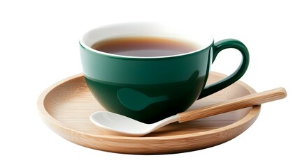 Fototapeta premium green coffee cup tea and spoon with white saucer