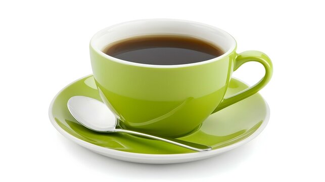 green coffee cup tea and spoon with white saucer