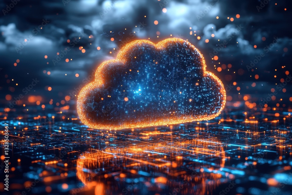Poster digital cloud glowing with data particles over a network grid at night with vibrant colors and dynam