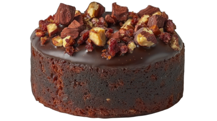 Chocolate cake topped with nuts and berries, close-up