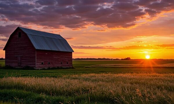 red barn in the field in the sunset moment