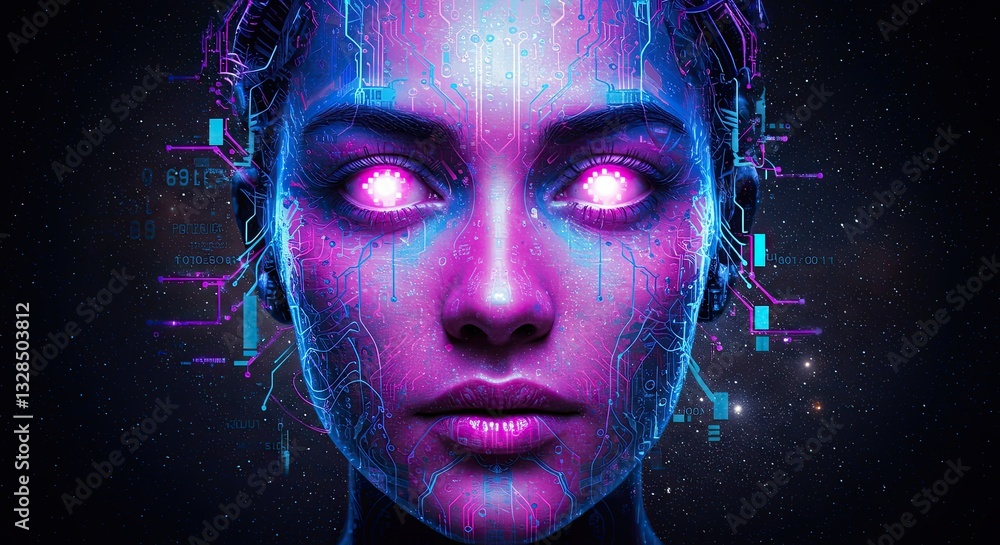Poster futuristic cybernetic face with glowing eyes and circuit patterns in cosmic space