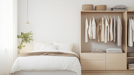 Minimalist bedroom with cozy bed, natural light, and organized closet
