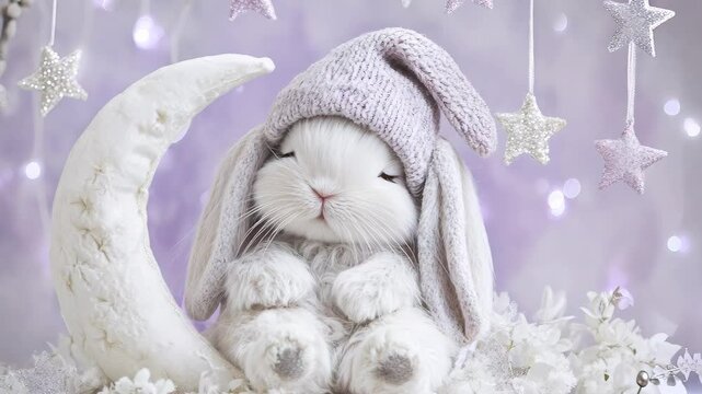 A sleepy bunny with a tiny nightcap resting on a crescent moon surrounded by pastel stars that twinkle gently against a lavender sky
