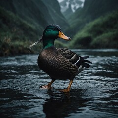 Fototapeta premium A Norse mythology-inspired duck resembling Odin’s ravens.